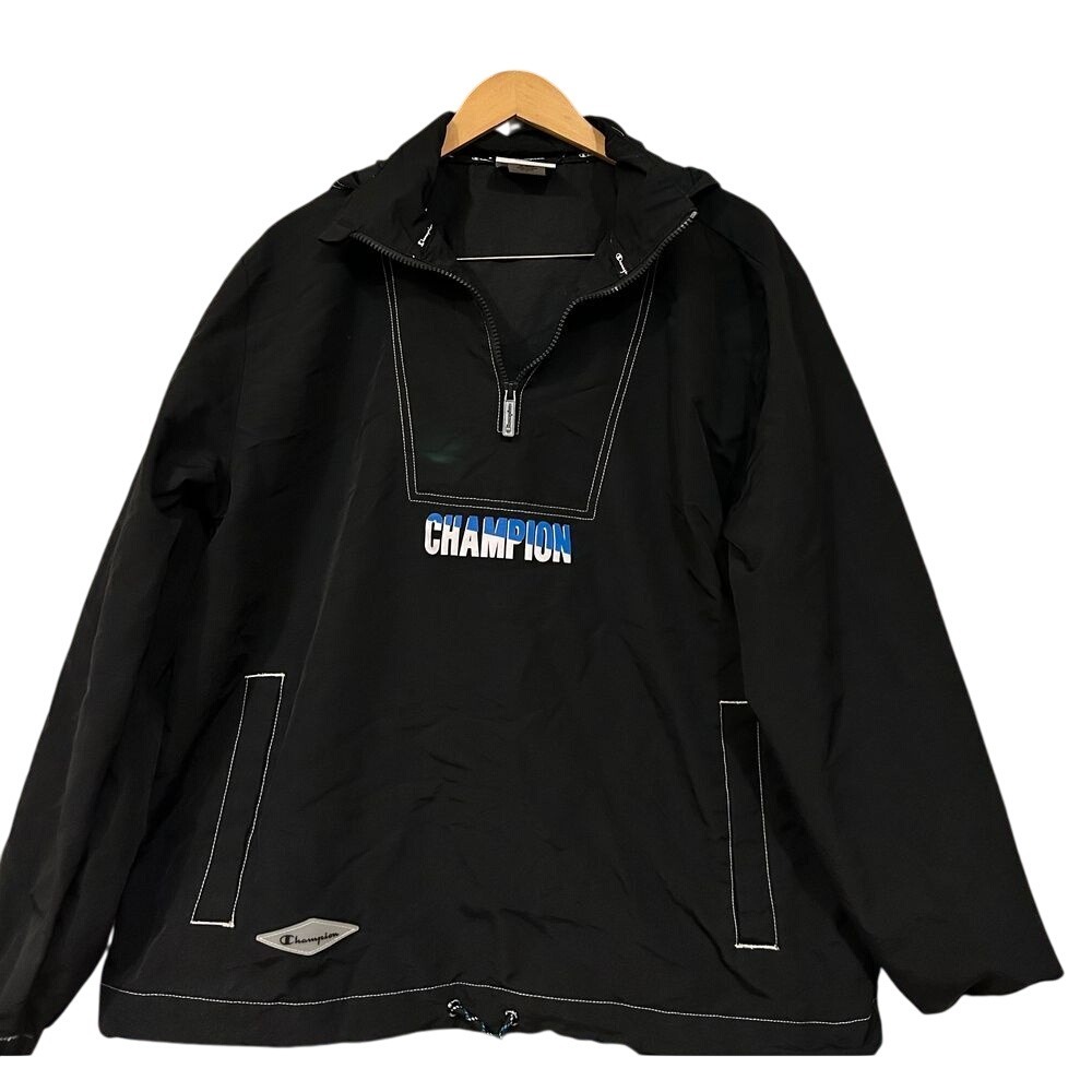 Vintage Champion quarter zip windbreaker‎ hoodie w/ logo front hit sz medium EUC
